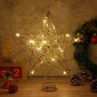 Toyvian Weihnachtsstern Beleuchtet, Aus Metall Topper Stern Beleuchtet Draht Treetop Goldene Christbaumspitze Mit 25 Led FüR Ornament Zuhause und Feiertagsfeiern Dekoration Partys (12 Zoll, Golden)