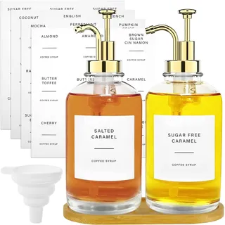 Esmula 2er-Pack Essig und Ölflaschen Set, 500 ml Kaffee Sirup Spender Set, Sirup Pumpspender mit Aufkleber, 1 Trichter, 1 Tablett, Ölspender, Sirup Spender, Kaffeesirup Pumpspender für Küche