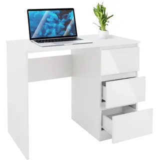 ML-Design Schreibtisch mit 3 Schubladen, 90x76x50 cm, Weiß, Schubladenfronten in Hochglanz, viel Stauraum, Arbeitstisch
