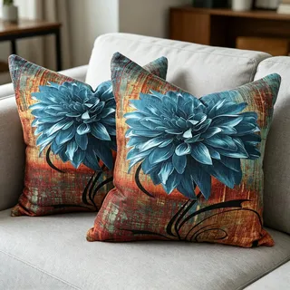 OYIMUA Weich Chenille Blumen Kissenbezug 50x50 Rost Türkis 2er Set | Modern Sofakissen Dekokissen,Quadratisch Couchkissen Kuschelkissen,Deko Wohnzimmer Schlafzimmer,Beidseitig Bedruckt