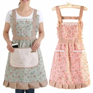 Ziyonix 2 Stück Küchenschürze Damen mit 2 Taschen, Verstellbare Küchen Schürze Maschinenwaschbar Kochschürze für Kochen Backen Gartenarbeit Café (Grün, Rosa)