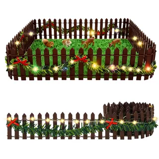 Sprinlot Mini Holz Zaun, Kaffeefarben Miniatur Deko Holzzaun, Beleuchtung Mini Gartenzaun, Deko Miniatur Zaun mit Lichtern Warmweißes
