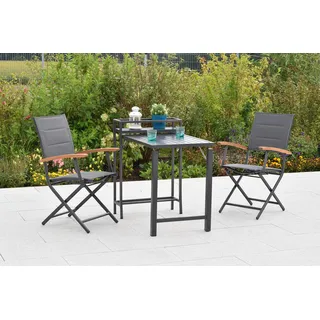 Merxx "Paxos" Gartenmöbel Set 3tlg., 2 Klappsessel, Balkonklappentisch, Aluminium/Akazie/Textil - Grau