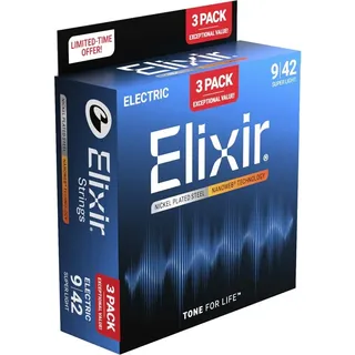 Elixir Strings 16566 - Vernickelter Stahl - E-Gitarren-Saiten - Nanoweb - Super Light (09-42) - 3er-PACK