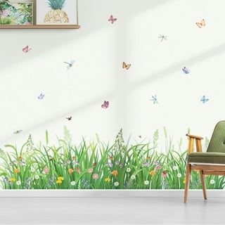 decalmile Wandtattoo Grün Gras Wiese Blumen Wandaufkleber Blumenwiese Bunt Blumen Schmetterlinge Wandsticker Kinderzimmer Wohnzimmer Schlafzimmer Wanddeko