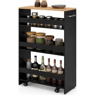 COSTWAY Nischenwagen 25cm breit, 4 Etagen Küchenwagen schmal, Nischenregal auf Rollen, Servierwagen mit Griff & Geländern, Badregal Holz, Schwarz - Schwarz