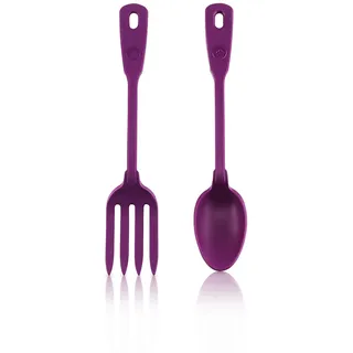 Kochblume Servier Set, 2-teilig, Löffel und Gabel | Premium Premium-Silikon & BPA freimit Edelstahlkern (lila)