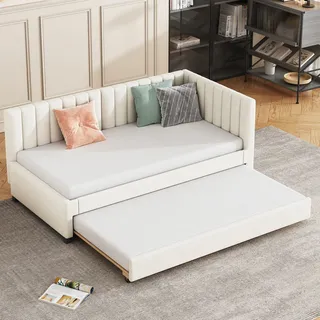 LVHOM Tagesbett 90x200cm, Daybett mit Ausziehbarer Liegefläche 90x190cm, Schlafsofa Beige - Beige