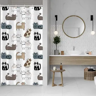 ASDCXZ Schmal Duschvorhang 120x200 cm, Niedlich Cartoon Katze Kinder Weiß Bad Waschbar Duschvorhänge mit Ösen Polyester Textil Wasserdicht für Badewanne mit 8 Haken