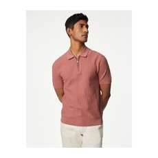 Mens M&S Collection Cotton Rich Textured Knitted Polo Shirt - Pink, Pink - L-REG