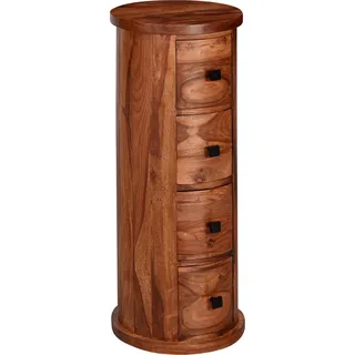 WOHNLING Design Sideboard Sheesham Massivholz 35x85x35 cm Schränkchen mit 4 Schubladen Schmaler Beistellschrank Massiv Mini Kommode Rund - Braun