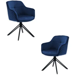 Stella Trading Emma Esszimmerstühle 2er Set mit schwarzem Metallgestell, Blau - Bequeme Samt Stühle für Esszimmer & Wohnzimmer - 59 x 82 x 62 cm (B/H/T)