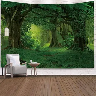 Mesnt Wandteppich Natur Wald, Wandtuch Landschaft Baum Psychedelische, Wohnzimmer Schlafzimmer Picknickdecke Teppich Yogamatte Wanddeko, (Grün, 260x240cm)