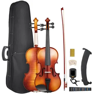 Vevor Violine 4/4, 584,2 mm Armlänge, Geigenset mit Hartschalenkoffer, Kolophonium, Bogen, Schulterstütze, Steg, zusätzlichen Saiten, Massivholzinstrument (glänzend braun gemustert)