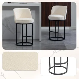 Barhocker 2er-Set mit Leinenbezug, gepolstert, schwarzes Metallgestell, 65–81 cm Sitzhöhe, für Küchentresen & Bartheke - Beige