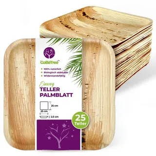GoBeTree 25 Palmblatt Teller 25x25 cm Einwegteller Quadratisch Flach. Elegante Einwegteller für Hauptgericht, Ceviche und Catering Flach ähnlich Bambus mit Hoher Stabilität