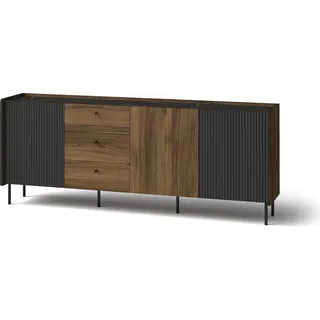 BETTSO Sideboard PRESTIGO 200 cm Kommode 3-türig mit Schublade XXL Anrichte Marmor-Optik San Sebastian Warmia Nussbaum Schwarz geriffel - Braun, Schwarz