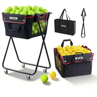 Vevor Tennisballwagen Faltbar, Tennisballkorb für 175 Tennisbälle oder 290 Pickleballs, Klappbarer Ballwagen mit Rahmen aus Kohlenstoffstahl & Tragetasche, Ballkorb mit Rollen für Training, Schwarz