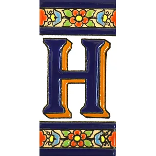 Schilder mit Zahlen und Nummern auf vielfarbiger Keramikkachel. Handgemalte Kordeltechnik fuer Schilder mit Namen, Adressen und Wegweisern. Persoenlich gestaltbarer Text. Design FLORES MEDIANO 10,9cm x 5,4 cm (BUCHSTABEN "H").