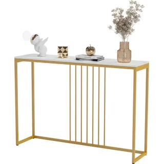 WISFOR XXL Konsolentisch Beistelltisch Flurtisch Marmor, Ablagetisch Dekotisch Sideboard Beistelltisch mit goldenem Metallrahmen Wohnzimmer Eingangsbereich - Weiß, Gold