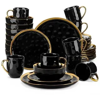 Luxus Porzellan Geschirr Set - 32 Stück - 8 Personen - Geschirr Set - Goldrand - Dessertteller - Tischplatte - Becher - Tasse - Schwarz - Schwarz