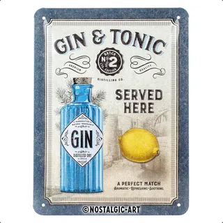 Nostalgic-Art Retro Blechschild, 15 x 20 cm, Gin & Tonic Served Here – Geschenk-Idee als Bar-Zubehör, aus Metall, Vintage Design, Blechschilder Sprüche