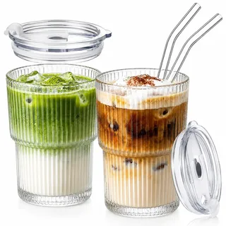 ALINK 2 Stück Kleine 400ml Gerippte Glasbecher mit Deckel und Strohhalm, Eiskaffee Gläser, Longdrinkglas Set, Smoothie Becher, luftdichtes und wasserdichtes Design, ideal als Kaffee