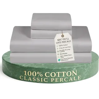 FEATHER & STITCH NEW YORK Bettlaken aus 100% Baumwolle mit Fadenzahl 300, Perkal-Gewebe + 2 Kissenbezüge, atmungsaktives 4-teiliges Bettwäsche-Set, graues Kingsize-Bett