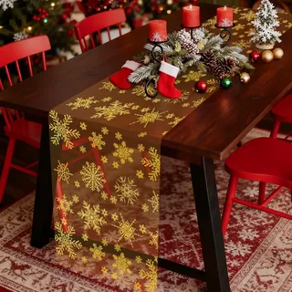 Tischläufer Weihnachten Rolle, Gold Organza Stoff Weihnachtstischläufer Schneeflocken Weihnachts Tischläufer Weihnachtsdeko Innen 28 x 920 cm, Weihnachtsläufer Tisch Tischdecke für Modern Tischdeko
