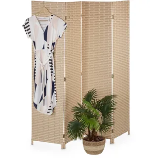Relaxdays Paravent Hellbraun 4-teilig klappbar 170x160 cm , Kunststoff, Holz , 160x170x2 cm , Wohnzimmer, Raumteiler, Paravents