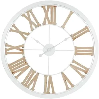 DRW Große runde Wanduhr mit römischen Ziffern aus Metall und Holz, Weiß und Natur, 80 x 80 x 4,5 cm