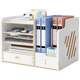 NUODWELL Schreibtisch-Organizer aus Holz, große Kapazität, Schreibtisch-Datei-Organizer, Bürobedarf, Aktenregal für A4-Papiere, Stifte, Bücher, Briefe und Dokumente (jb07-3 weiß)