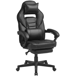 SONGMICS Gaming-Stuhl, Bürostuhl mit Fußstütze, Schreibtischstuhl mit Kopfstütze und Lendenkissen, höhenverstellbar, ergonomisch, bis 150 kg belastbar, tintenschwarz OBG073B05