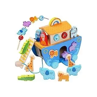 Arche Noah Holz, Taufgeschenke für Jungen Mädchen, Montessori Spielzeug Tier Sortier Stapel, Bibel Geschichte Taufe Holzspielzeug ab 1-3 Jahr Kinder