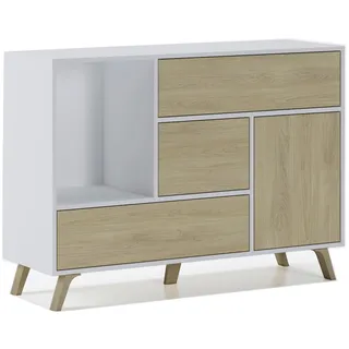 Skraut Home – Sideboard für Wohn- oder Esszimmer – 86 x 120 x 40 cm – Buffet mit 1 Tür + 3 Schubladen – Windmodell – widerstandsfähiges Holz – Weiß/Eiche-Finish