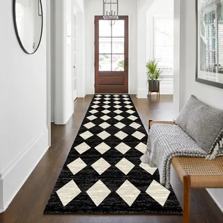 WTHYGB Teppich Läufer 80 x 200 cm, rutschfest Waschbar Teppichläufer, Küchenläufer Geometrie Design für Eingang, Küche, Wohnzimmer & Büro, Schwarzweiß