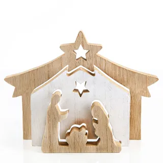 Kleine Krippe aus Holz: Weihnachtskrippe, Deko Weihnachten, Tischkrippe Komplettset, Krippenfiguren Innen, Weihnachtsdeko Figuren, Holzkrippe, Set mit Maria, Josef & Jesukind, Natur & Weiß, 20 x 14 cm