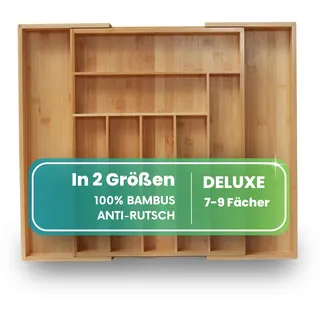 ZEN HOME Deluxe Bambus Besteckkasten für Schubladen, ausziehbar 33–50 x 43 x 5 cm, Anti-Rutsch Besteck Organizer Schubladeneinsatz mit 7 bis 9 Fächern