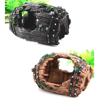 WOO LANDO 2er Set Aquarium Harz-Fass-Ornament – Natürliche Höhlen-Deko für Fische & Garnelen – Bruchfass-Landschaftsdeko für Süß- & Salzwasseraquarien (Mix)