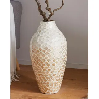 Dekoleidenschaft große Dekovase Capiz Bodenvase aus Bambus 50 cm hoch, Blumenvase mit Muscheln, Vase für Trockenblumen, Gräser, Äste