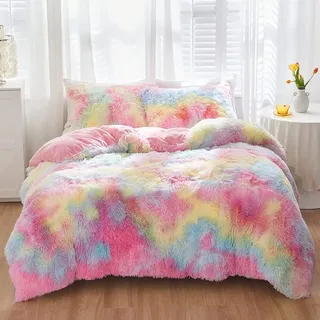 SUCSES Flauschiges Mädchen-Bettwäsche-Set aus Kunstfell, 3-teilig, Plüsch, zottelig, Regenbogen, bunt, Batikfärbung, flauschig, flauschig, Bettdeckenbezug-Set für Schlafzimmer (rosa Pastellfarben,