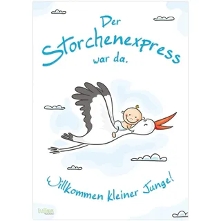 iulias Freude schenken! Poster zur Geburt Junge I Baby auf Storch blau I XL Plakat DIN A2 I Willkommen zu Hause Begrüßung mit Klapperstorch I Geburtsgeschenk Deko Babyparty Geburtsstorch Schild