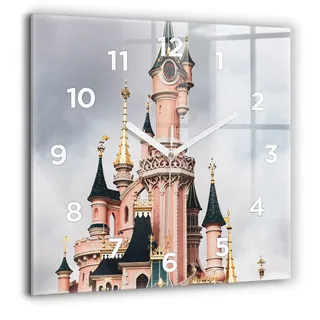Wallfluent Große Wanduhr – Stilles Quarzuhrwerk - Uhr Dekoration Wohnzimmer Schlafzimmer Küche - Zifferblatt - weiße Zeiger - 60 cm - Schloss Disneyland in Paris - Rosa
