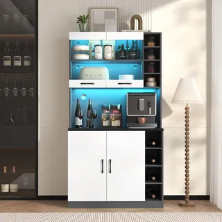 Flieks Küche Hochschränke Küchenbuffet mit LED, Küchenschränke Buffet mit Offenen Staufächern, Buffetschrank Highboard Küche, Weiß - Weiß
