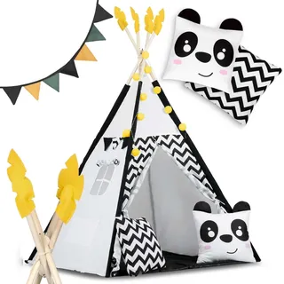 Tipi-Zelt für Kinder mit Girlande und Lichtern Nukido, schwarz und weiß mit einem Panda