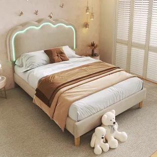 Flieks Polsterbett 90x190cm mit LED & Lattenrost, Jugendbett Kinderbett mit Verstellbarem Kopfteil, Einzelbett Holzbett Klassisches Bett, Leinen Beige - Beige