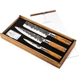 Forged Messerset Olive - 3-teilig - Kochmesser, Hackbeil und Universalmesser - Schwarz, Braun