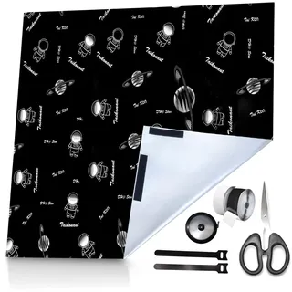 Fenster Verdunkelung Ohne Bohren Set,420D Oxford Verdunkelungsstoff mit Klett & Kabelbinder Schere Maßband,3m x 1,45m Schwarzes Raummuster Verdunkelungsrollo Fenster Sonnenschutz Sonnenschutzfolie