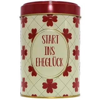 Dekohelden24 Metall-Spardose - Blechdosen-Design - Motiv: Start ins Eheglück, Blümchendesign in Rot und Beige, Größe H/Ø ac. 14 x 9 cm