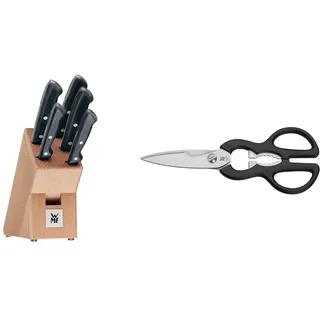 WMF Classic Line Messerblock mit Messerset 6-teilig & Küchenschere 21 cm, Haushaltsschere mit Sägeschliff, Schere Küche, Edelstahl, Kunststoffgriff, Universalschere mit Flaschenöffner